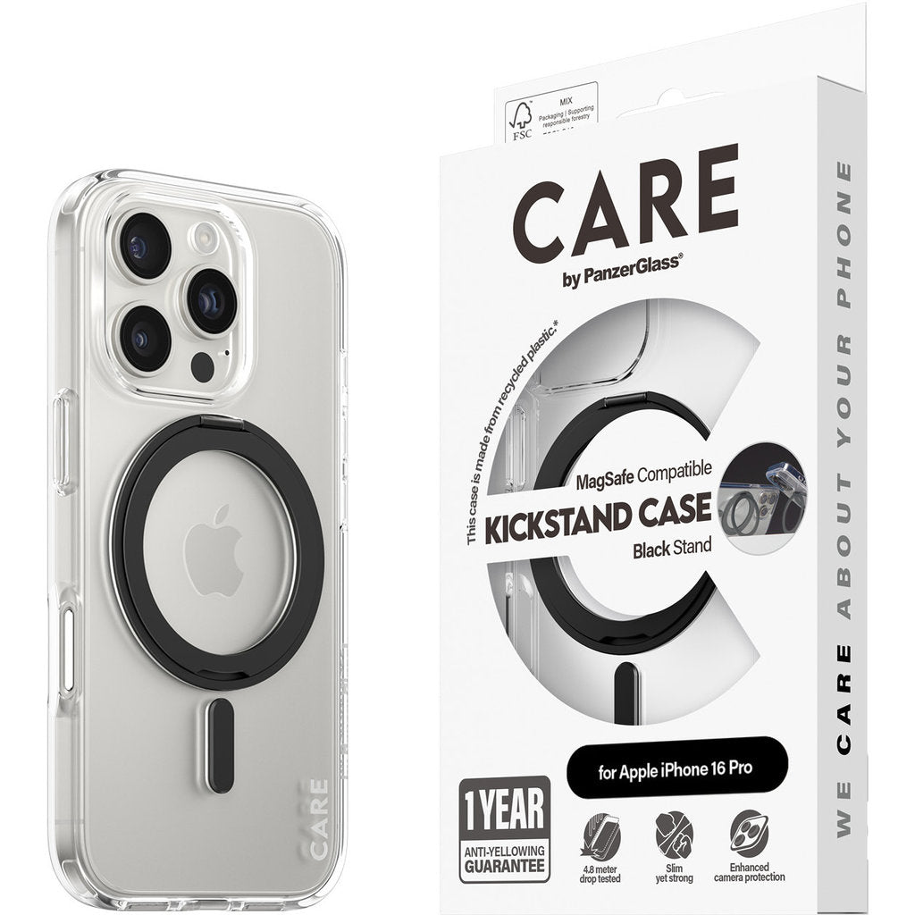 CARE by PanzerGlass Feature Case Transparent w. Black Kickstand & MagSafe iPhone 16 Pro