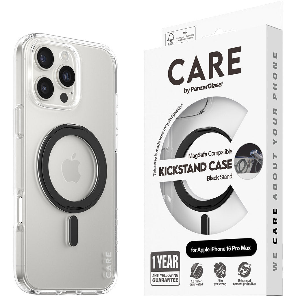 CARE by PanzerGlass Feature Case Transparent w. Black Kickstand & MagSafe iPhone 16 Pro Max