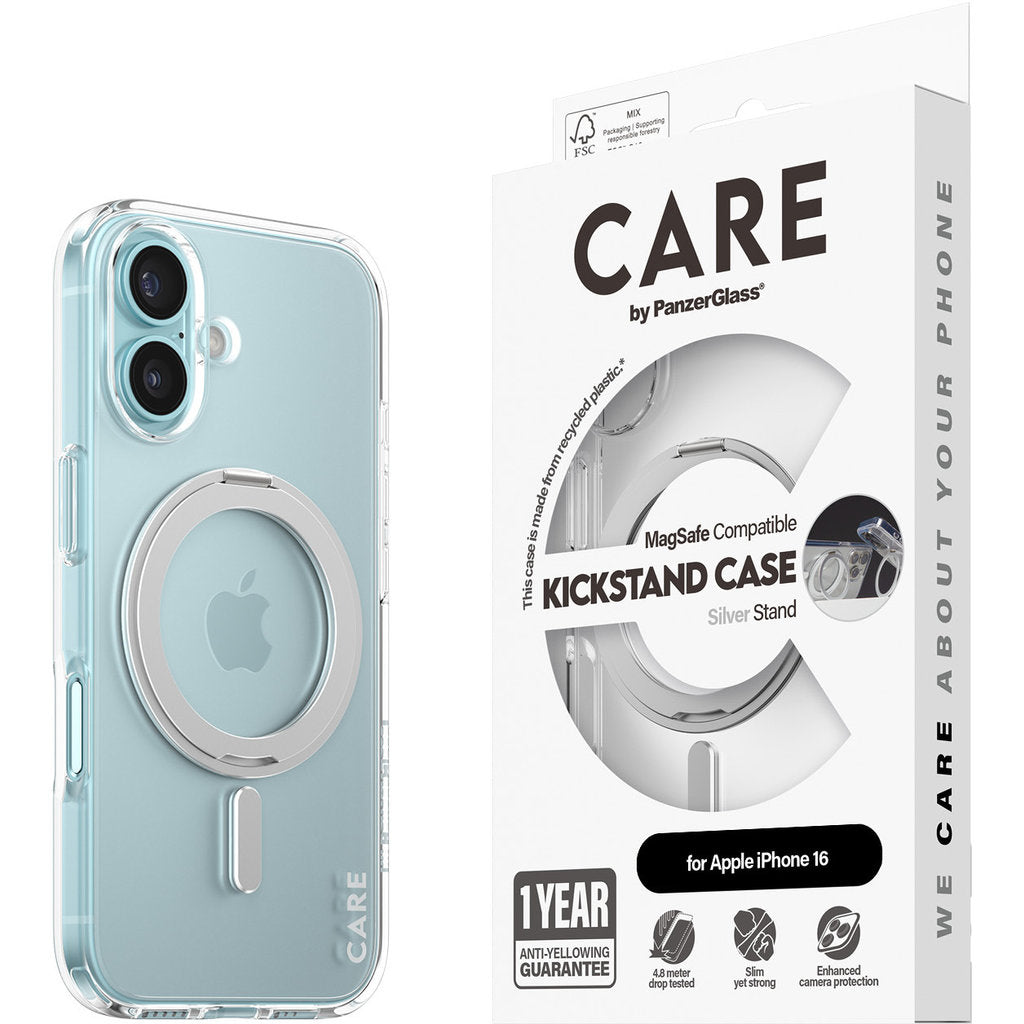CARE by PanzerGlass Feature Case Transparent w. Silver Kickstand & MagSafe iPhone 16
