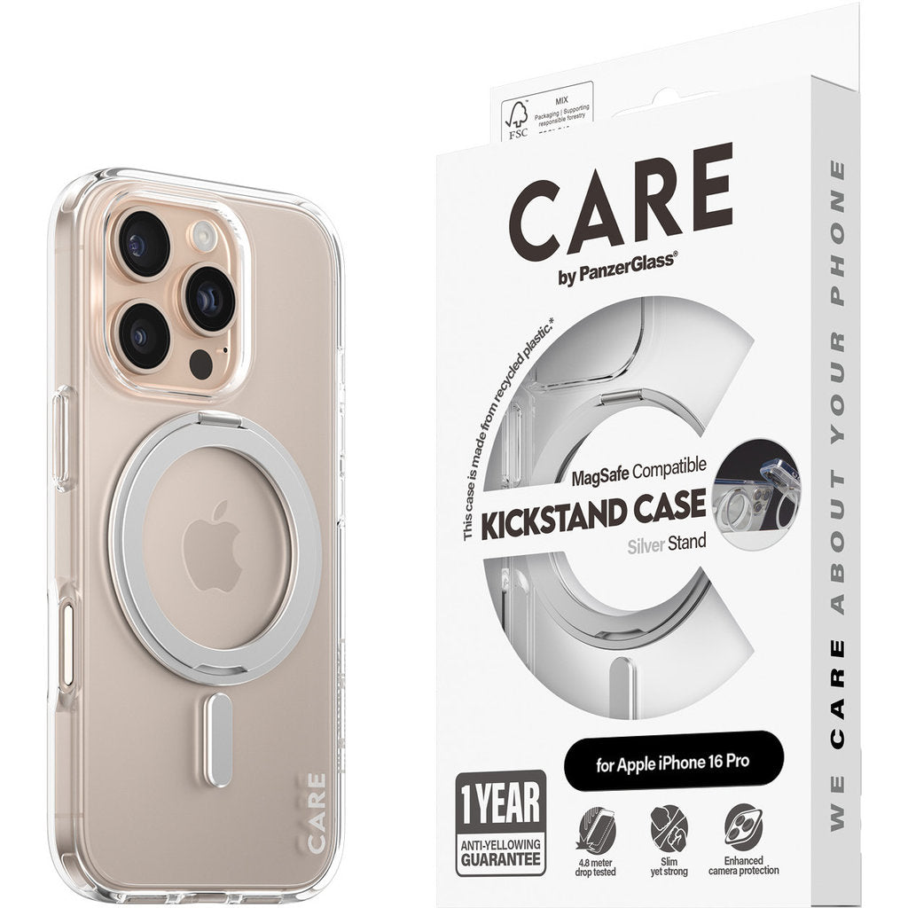 CARE by PanzerGlass Feature Case Transparent w. Silver Kickstand & MagSafe iPhone 16 Pro