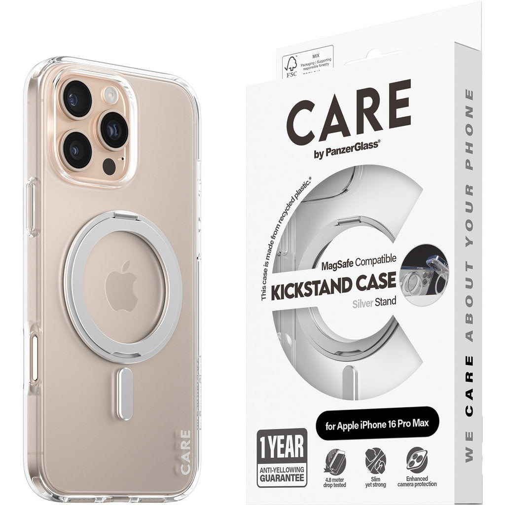 CARE by PanzerGlass Feature Case Transparent w. Silver Kickstand & MagSafe iPhone 16 Pro Max