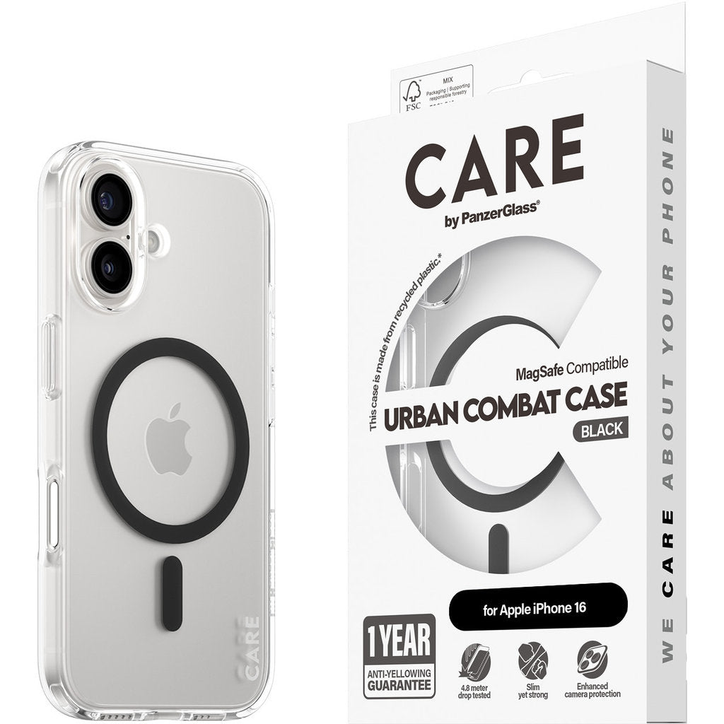 CARE by PanzerGlass Flagship Case Transparent Urban Combat w. Black MagSafe iPhone 16