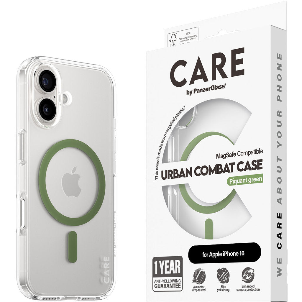 CARE by PanzerGlass Flagship Case Transparent Urban Combat w. Green MagSafe iPhone 16