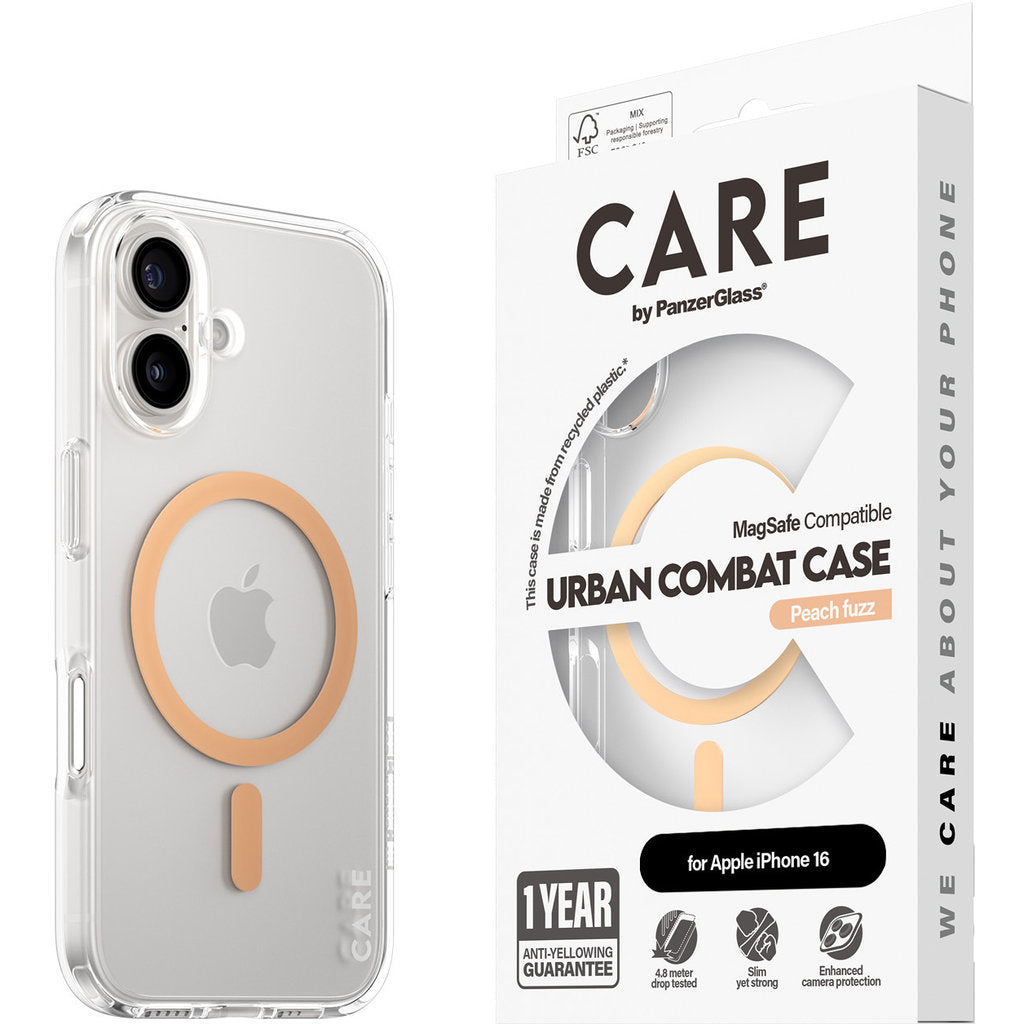 CARE by PanzerGlass Flagship Case Transparent Urban Combat w. Peachy MagSafe iPhone 16