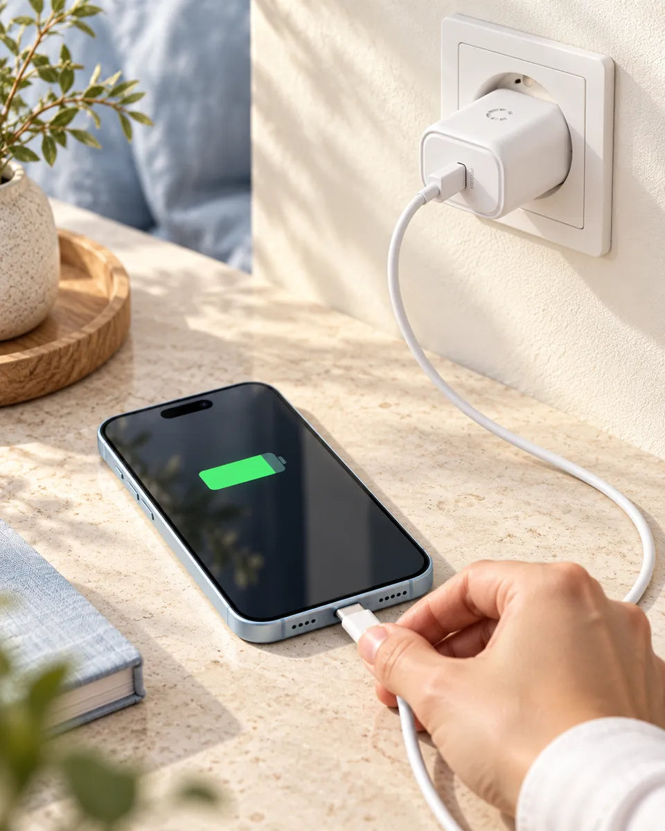 Witte Cygnett-lader in het stopcontact, aangesloten op een iPhone