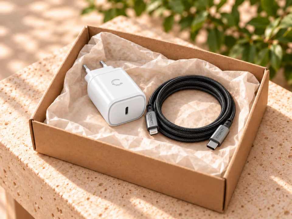 Een witte adapter en zwarte kabel in een doos met beschermend papier
