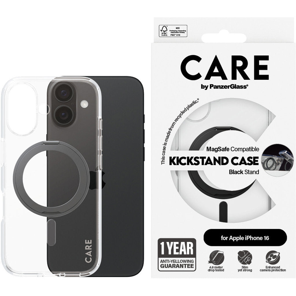CARE by PanzerGlass Feature Case Transparent w. Black Kickstand & MagSafe iPhone 16
