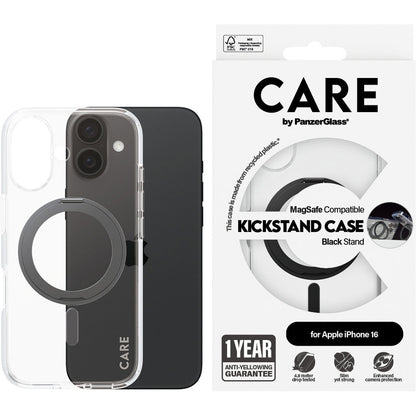 CARE by PanzerGlass Feature Case Transparent w. Black Kickstand & MagSafe iPhone 16