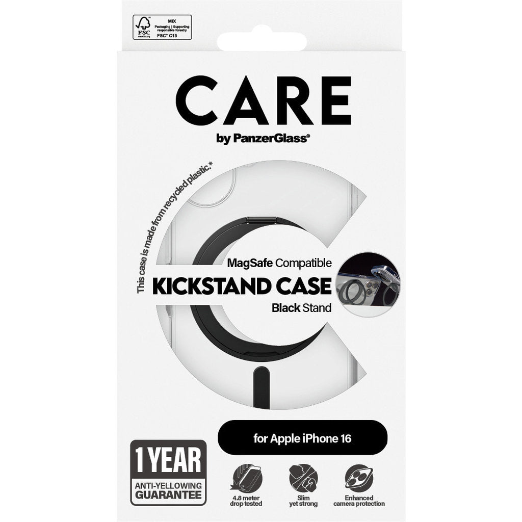 CARE by PanzerGlass Feature Case Transparent w. Black Kickstand & MagSafe iPhone 16