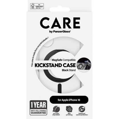 CARE by PanzerGlass Feature Case Transparent w. Black Kickstand & MagSafe iPhone 16