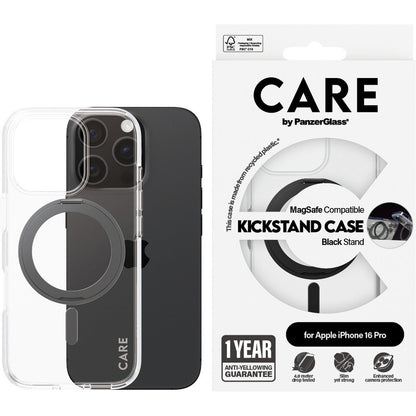 CARE by PanzerGlass Feature Case Transparent w. Black Kickstand & MagSafe iPhone 16 Pro