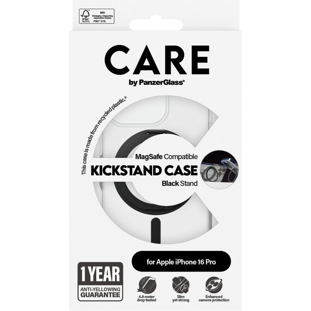 CARE by PanzerGlass Feature Case Transparent w. Black Kickstand & MagSafe iPhone 16 Pro