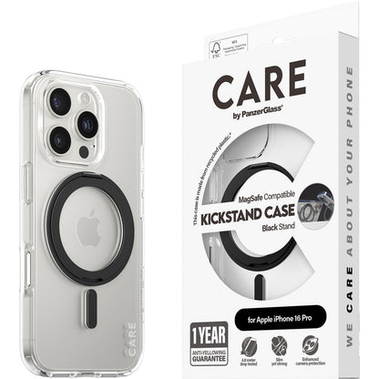 CARE by PanzerGlass Feature Case Transparent w. Black Kickstand & MagSafe iPhone 16 Pro