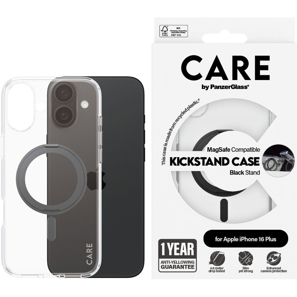 CARE by PanzerGlass Feature Case Transparent w. Black Kickstand & MagSafe iPhone 16 Plus
