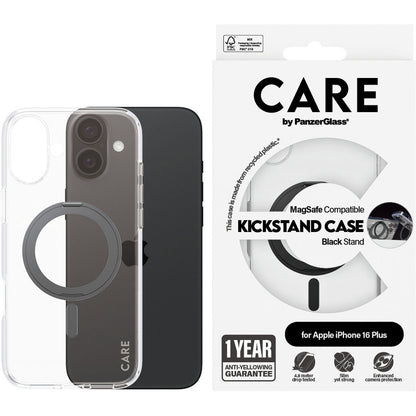 CARE by PanzerGlass Feature Case Transparent w. Black Kickstand & MagSafe iPhone 16 Plus