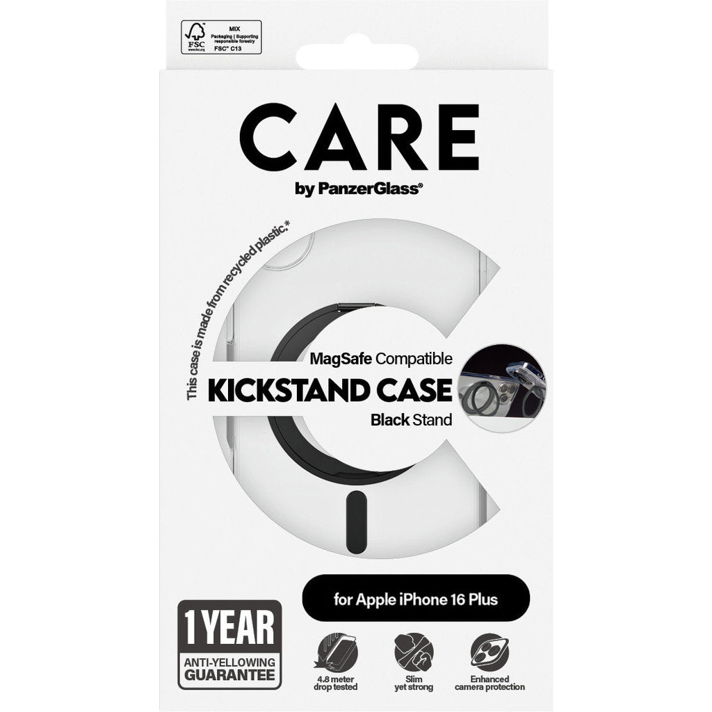 CARE by PanzerGlass Feature Case Transparent w. Black Kickstand & MagSafe iPhone 16 Plus