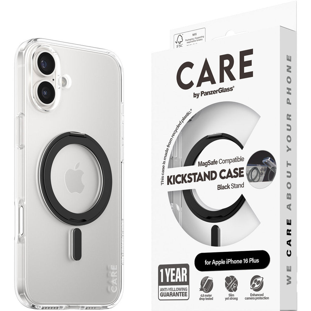 CARE by PanzerGlass Feature Case Transparent w. Black Kickstand & MagSafe iPhone 16 Plus