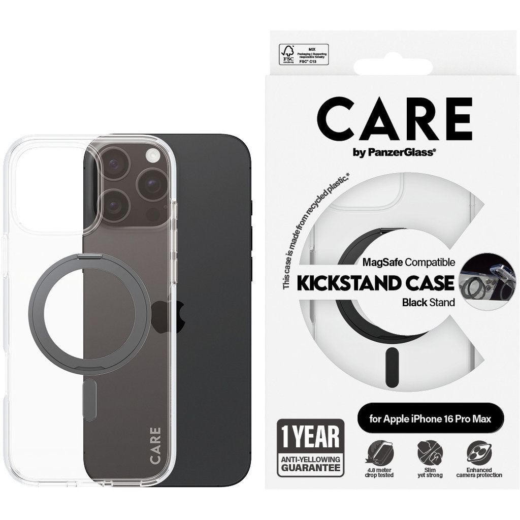 CARE by PanzerGlass Feature Case Transparent w. Black Kickstand & MagSafe iPhone 16 Pro Max
