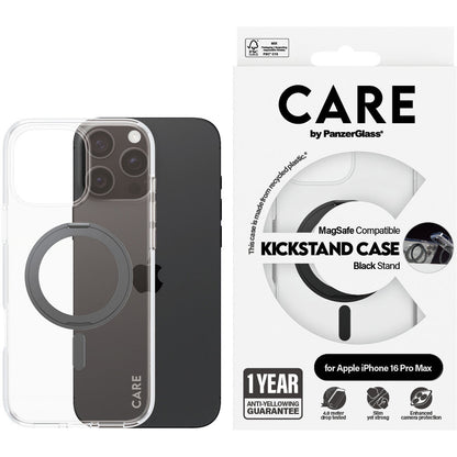 CARE by PanzerGlass Feature Case Transparent w. Black Kickstand & MagSafe iPhone 16 Pro Max