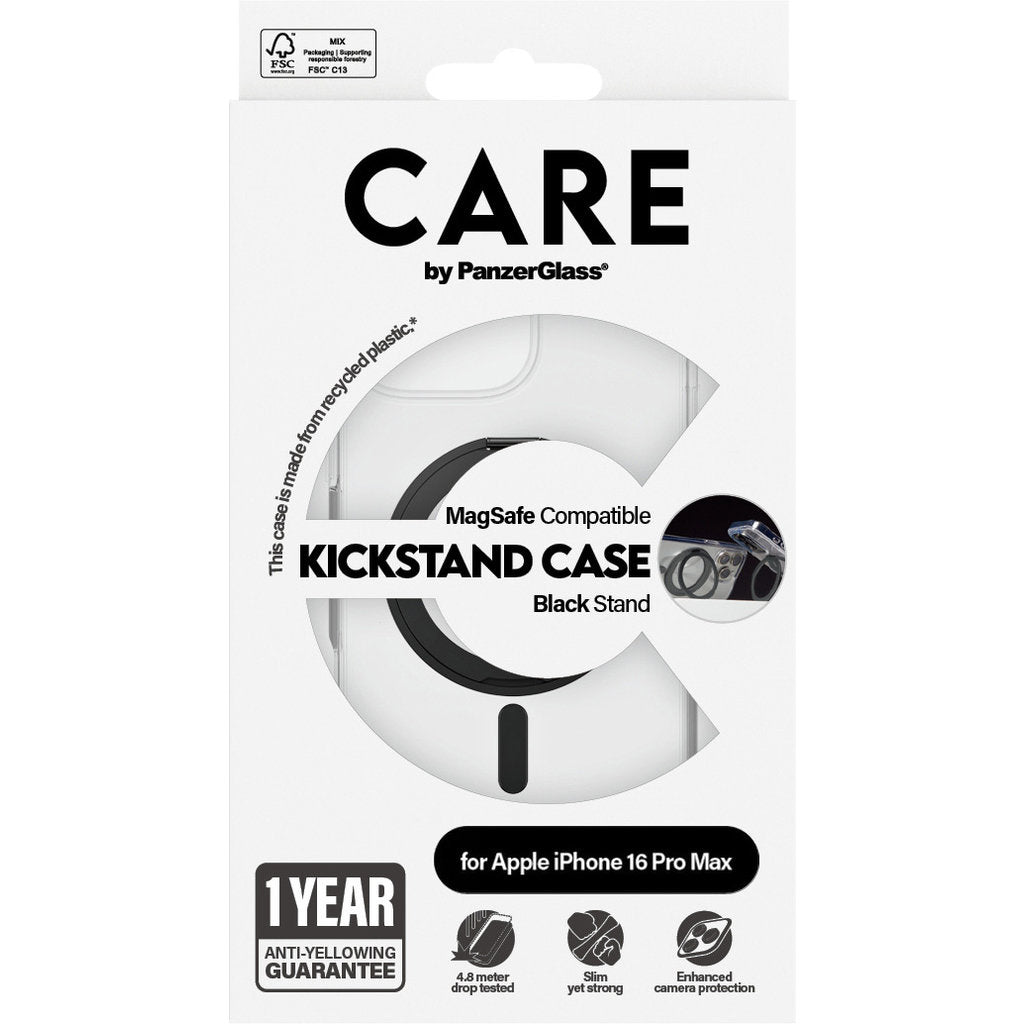 CARE by PanzerGlass Feature Case Transparent w. Black Kickstand & MagSafe iPhone 16 Pro Max