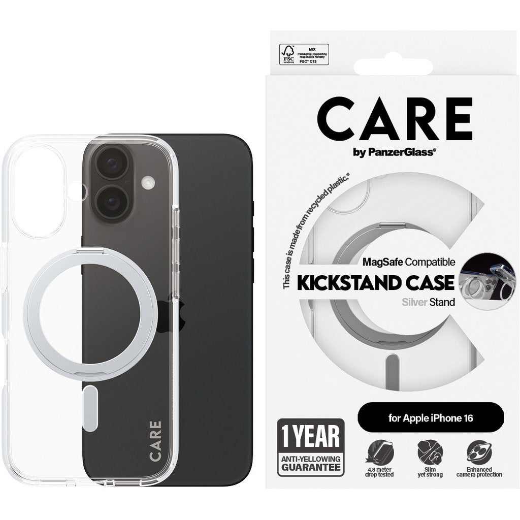 CARE by PanzerGlass Feature Case Transparent w. Silver Kickstand & MagSafe iPhone 16
