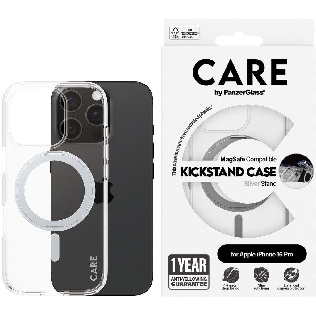 CARE by PanzerGlass Feature Case Transparent w. Silver Kickstand & MagSafe iPhone 16 Pro