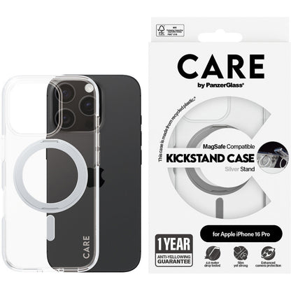 CARE by PanzerGlass Feature Case Transparent w. Silver Kickstand & MagSafe iPhone 16 Pro