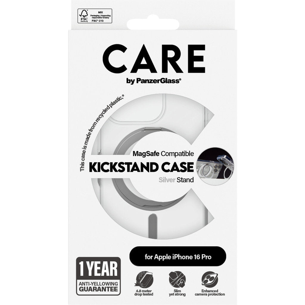 CARE by PanzerGlass Feature Case Transparent w. Silver Kickstand & MagSafe iPhone 16 Pro