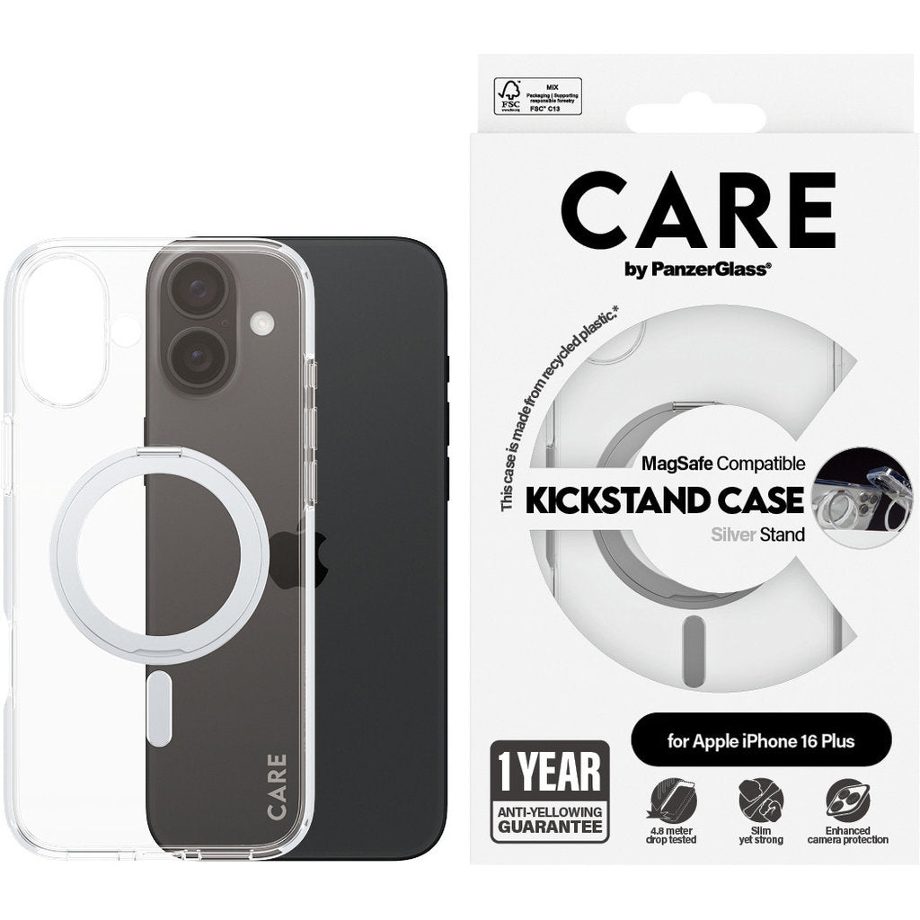 CARE by PanzerGlass Feature Case Transparent w. Silver Kickstand & MagSafe iPhone 16 Plus