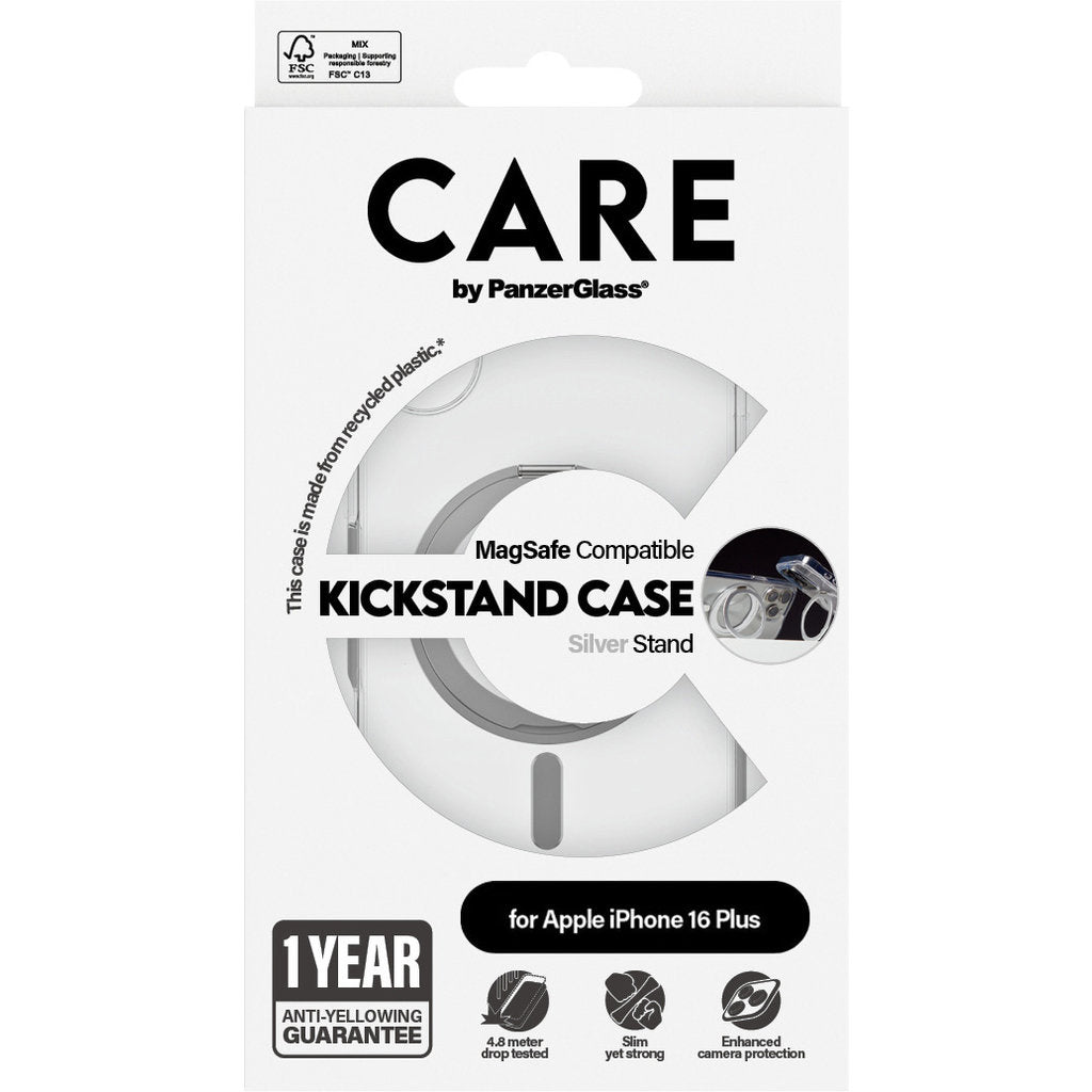 CARE by PanzerGlass Feature Case Transparent w. Silver Kickstand & MagSafe iPhone 16 Plus
