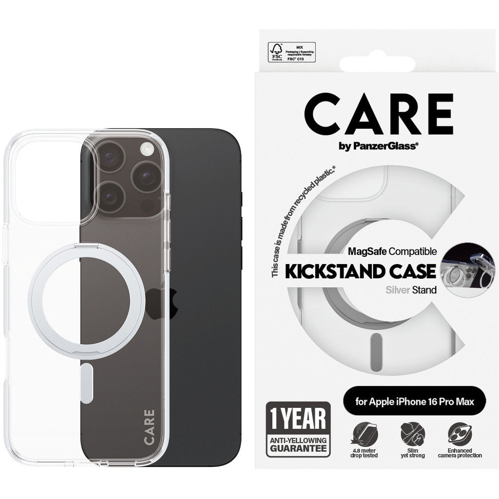 CARE by PanzerGlass Feature Case Transparent w. Silver Kickstand & MagSafe iPhone 16 Pro Max
