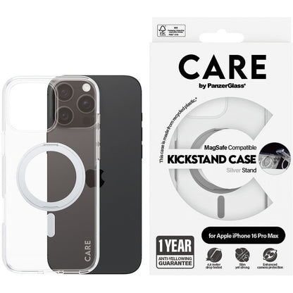CARE by PanzerGlass Feature Case Transparent w. Silver Kickstand & MagSafe iPhone 16 Pro Max