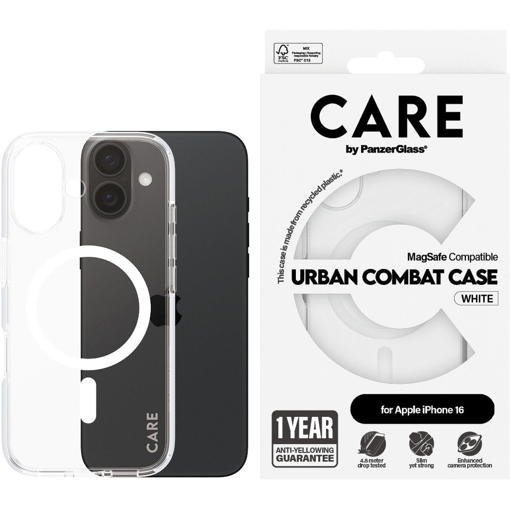 CARE by PanzerGlass Flagship Case Transparent Urban Combat w. White MagSafe iPhone 16