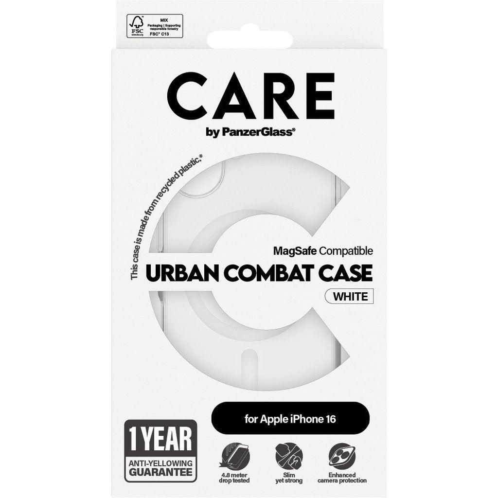 CARE by PanzerGlass Flagship Case Transparent Urban Combat w. White MagSafe iPhone 16