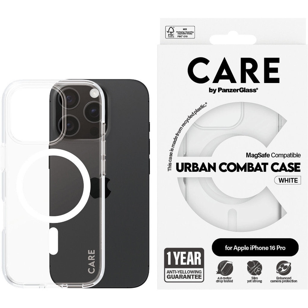 CARE by PanzerGlass Flagship Case Transparent Urban Combat w. White MagSafe iPhone 16 Pro