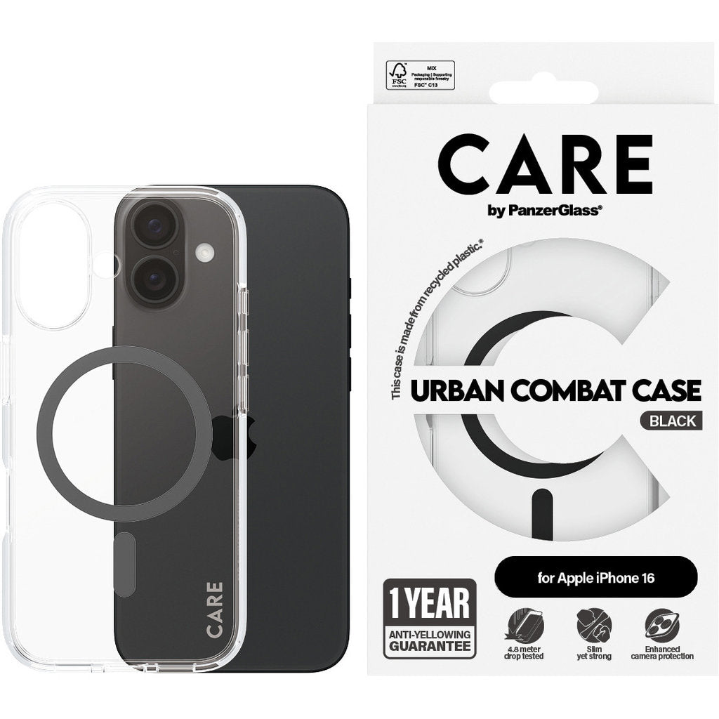 CARE by PanzerGlass Flagship Case Transparent Urban Combat w. Black MagSafe iPhone 16