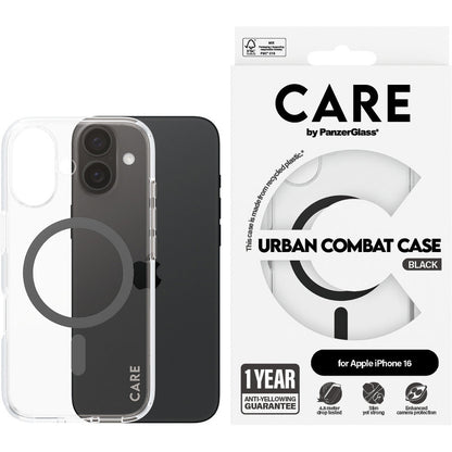 CARE by PanzerGlass Flagship Case Transparent Urban Combat w. Black MagSafe iPhone 16
