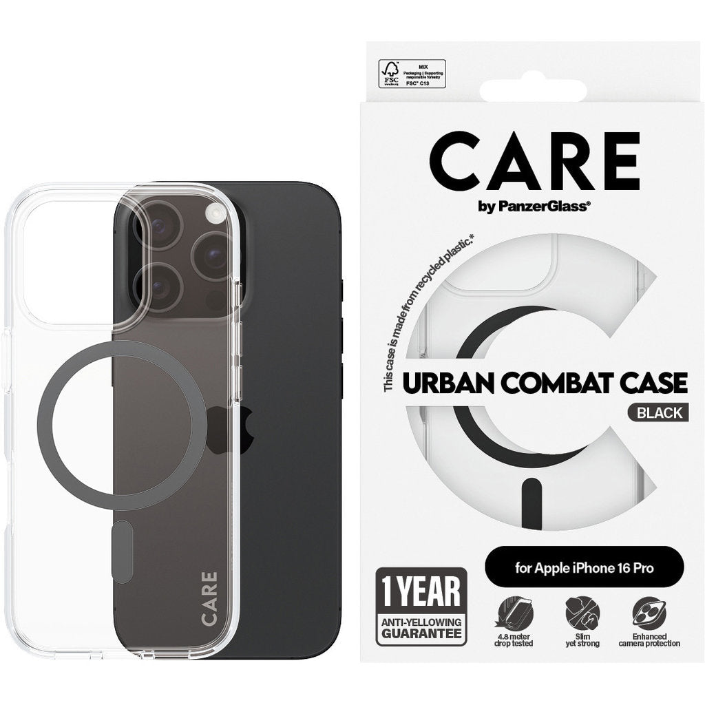 CARE by PanzerGlass Flagship Case Transparent Urban Combat w. Black MagSafe iPhone 16 Pro