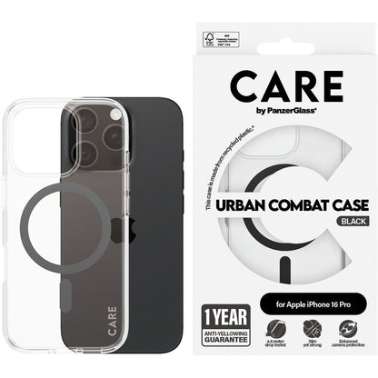 CARE by PanzerGlass Flagship Case Transparent Urban Combat w. Black MagSafe iPhone 16 Pro