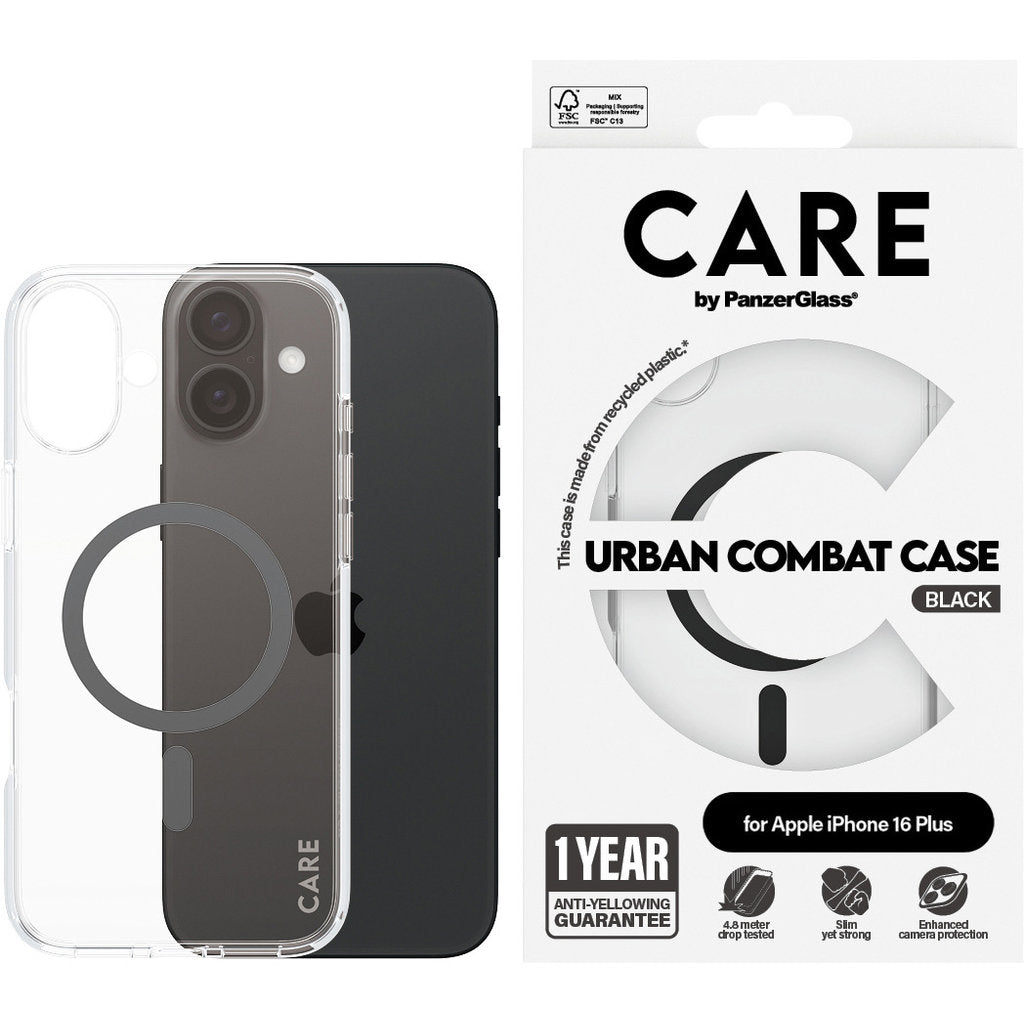 CARE by PanzerGlass Flagship Case Transparent Urban Combat w. Black MagSafe iPhone 16 Plus