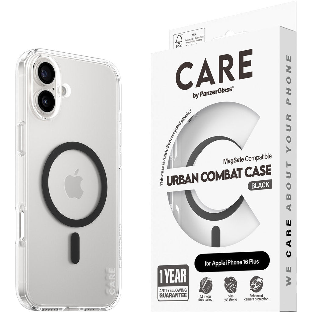 CARE by PanzerGlass Flagship Case Transparent Urban Combat w. Black MagSafe iPhone 16 Plus