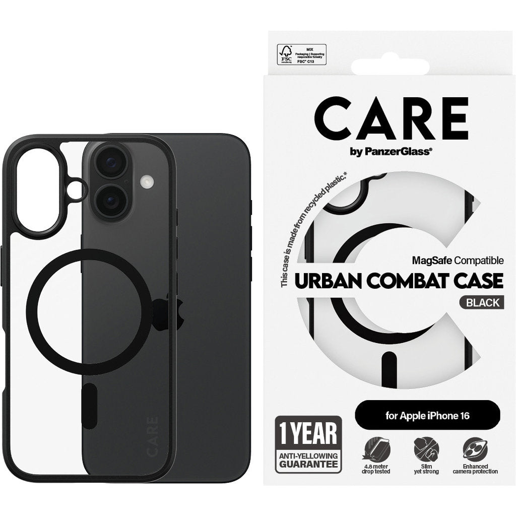 CARE by PanzerGlass Flagship Case Transparent Urban Combat w. Black Frame & MagSafe iPhone 16