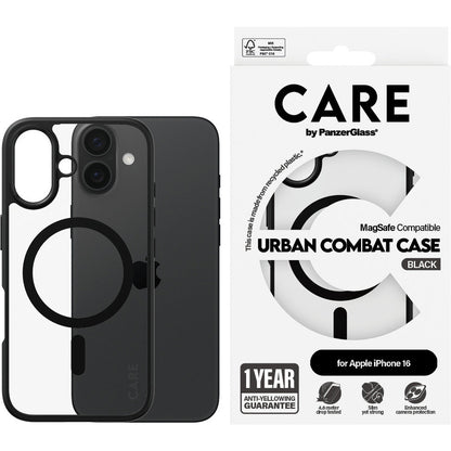 CARE by PanzerGlass Flagship Case Transparent Urban Combat w. Black Frame & MagSafe iPhone 16