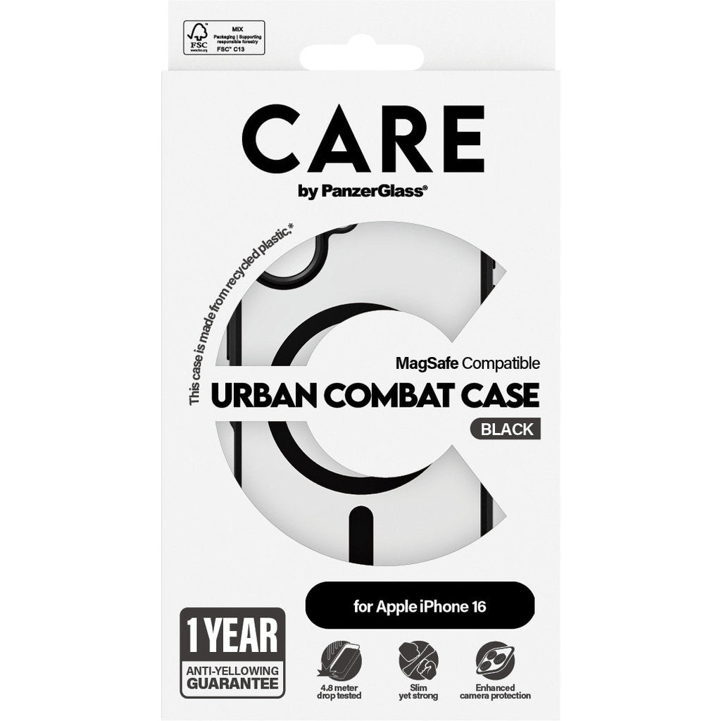CARE by PanzerGlass Flagship Case Transparent Urban Combat w. Black Frame & MagSafe iPhone 16