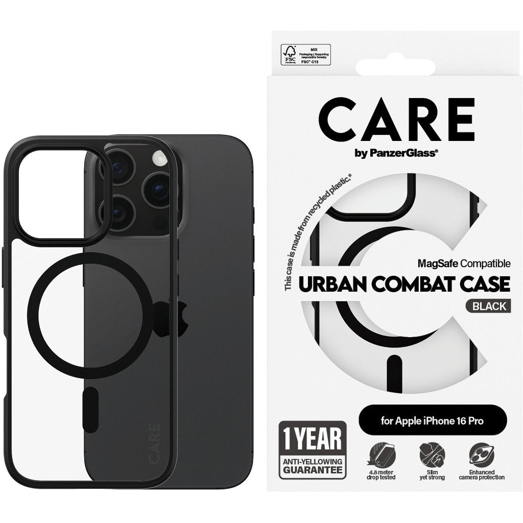 CARE by PanzerGlass Flagship Case Transparent Urban Combat w. Black Frame & MagSafe iPhone 16 Pro