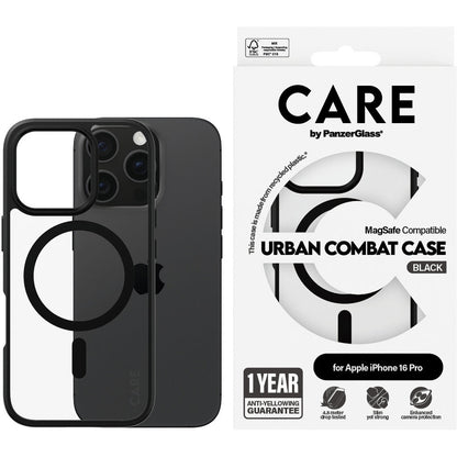 CARE by PanzerGlass Flagship Case Transparent Urban Combat w. Black Frame & MagSafe iPhone 16 Pro