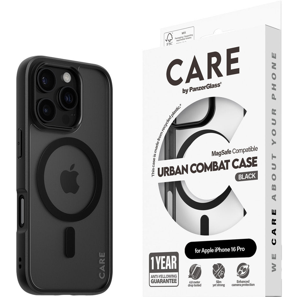 CARE by PanzerGlass Flagship Case Transparent Urban Combat w. Black Frame & MagSafe iPhone 16 Pro