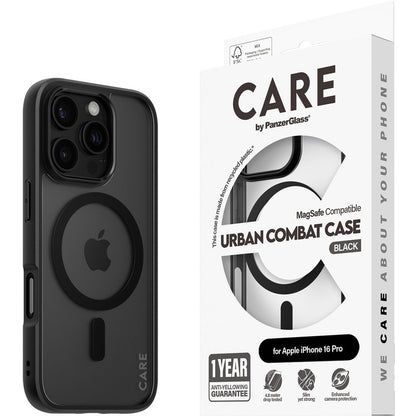 CARE by PanzerGlass Flagship Case Transparent Urban Combat w. Black Frame & MagSafe iPhone 16 Pro