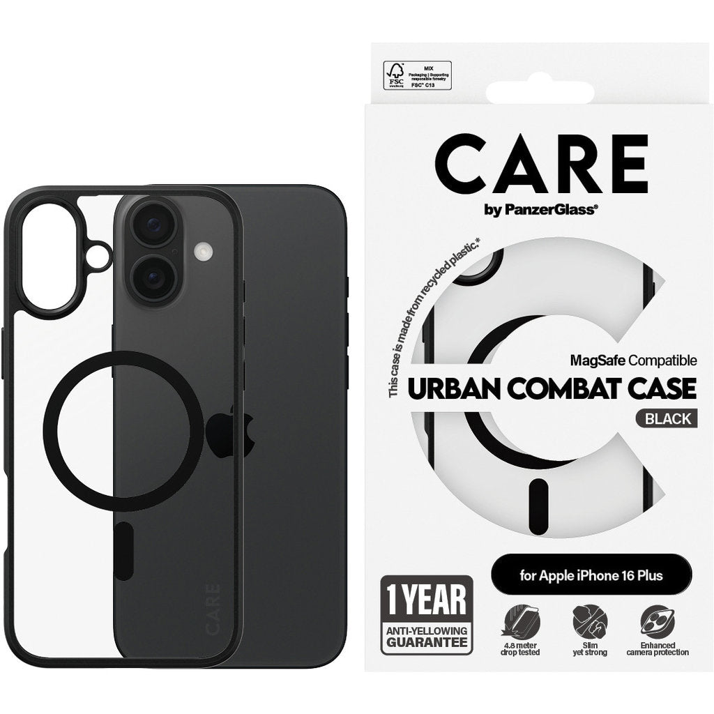 CARE by PanzerGlass Flagship Case Transparent Urban Combat w. Black Frame & MagSafe iPhone 16 Plus