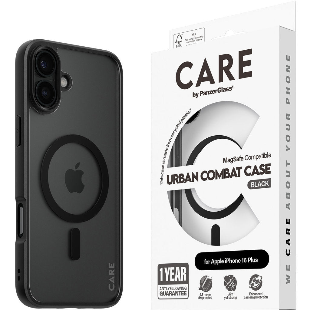 CARE by PanzerGlass Flagship Case Transparent Urban Combat w. Black Frame & MagSafe iPhone 16 Plus